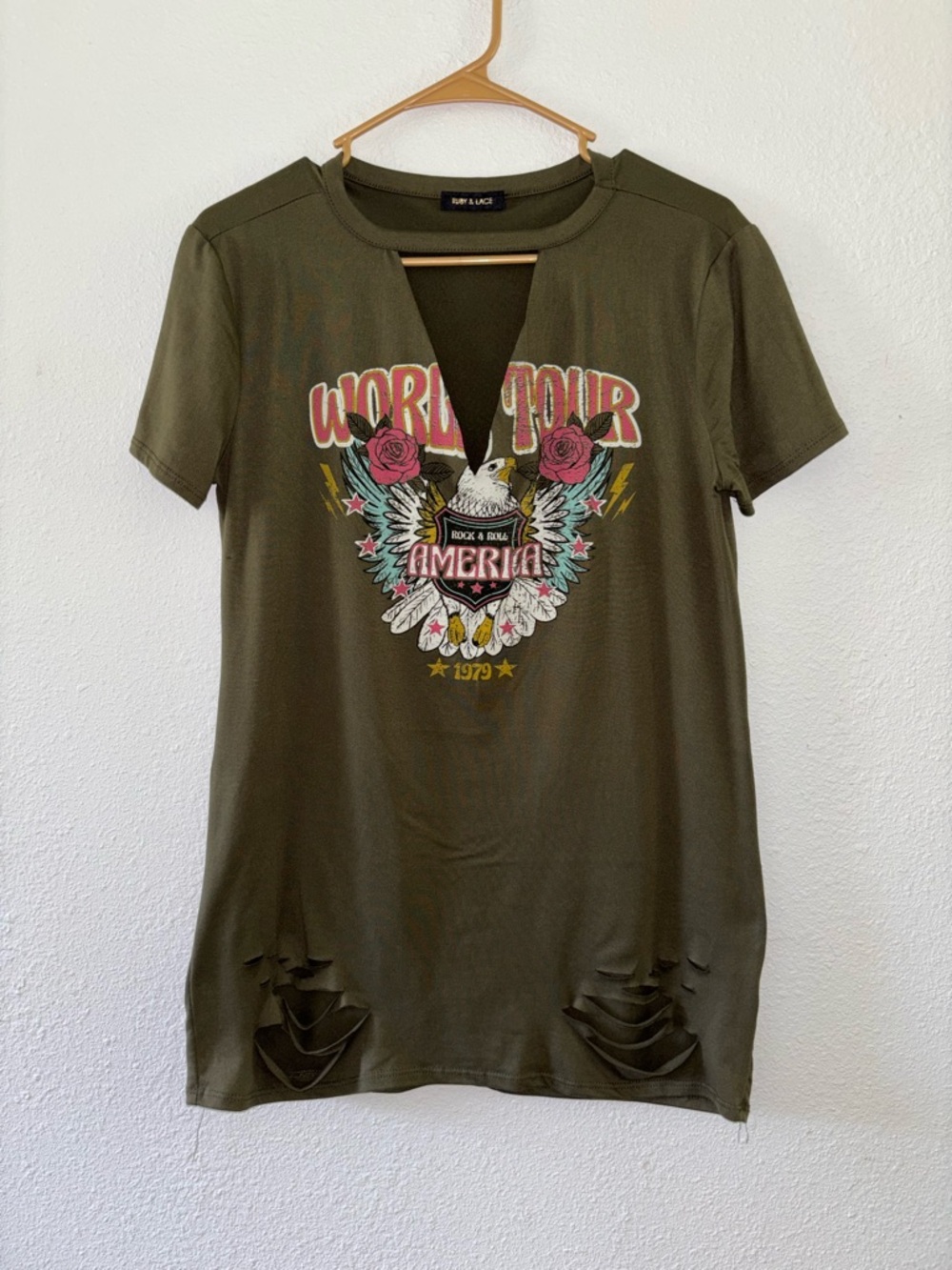 Ruby & Lace Distressed Olive Green ‘World Tour’ Graphic Tunic Tee